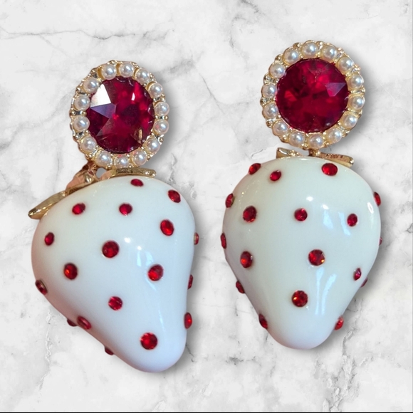 EUC Red Rhinestone Strawberry Drop Earrings - Picture 5 of 7